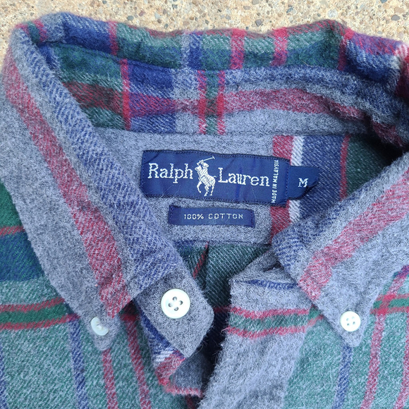 Vintage Ralph Lauren Shirt Mens Med Tartan Plaid Green Blue Oxford Long Sleeve - Picture 2 of 4